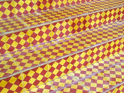 Red and yellow chequered steps Red and yellow chequered steps