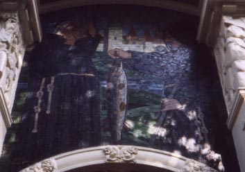 monks with fish mosaic